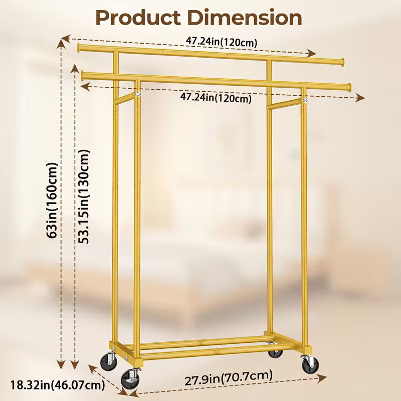 Heavy-Duty Double Rod Clothing Rack with Lockable Wheels – Large Capacity Garment Organizer