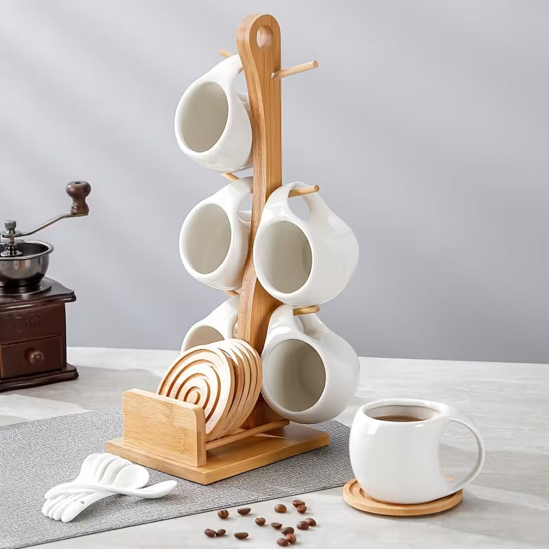 6-Piece Ceramic Coffee Cup Set with Wooden Coasters & Holder