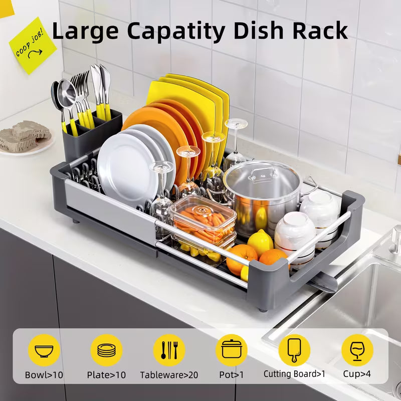 Expandable Foldable Dish Drying Rack with Cutlery Holder, Swivel Drain Spout & Adjustable Aluminum Frame