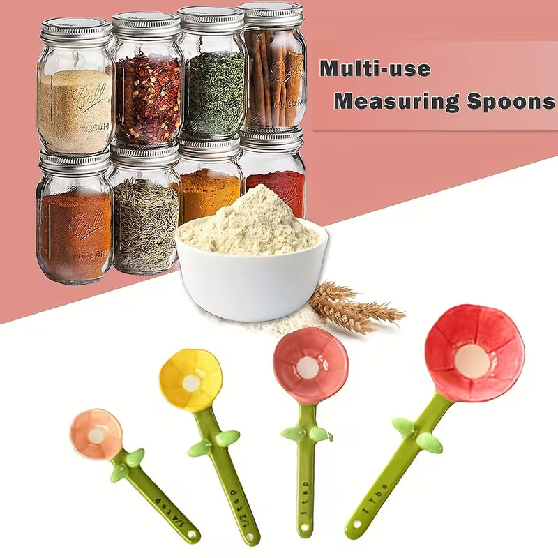 Flower-Shaped Ceramic Measuring Spoon Set with Holder