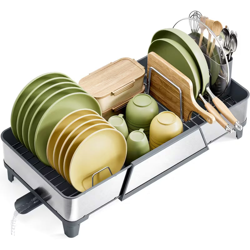 Adjustable Stainless Steel Dish Drying Rack with Utensil Holder & Pan Rack