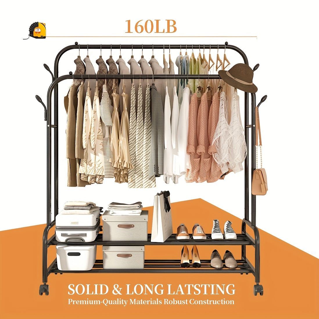 Heavy Duty Double Rod Clothes Rack w/ Wheels Shelves Hooks Garment Rack