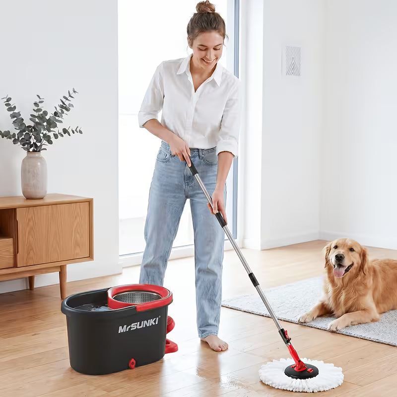 360° Spin Mop & Bucket Cleaning Set – 59-Inch Adjustable Handle with Microfiber Heads & Disposable Pads
