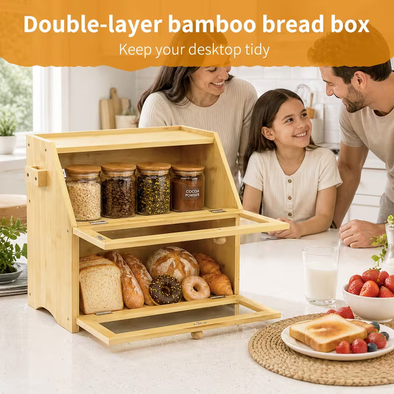 Large Bamboo Bread Box with Lid, Countertop Food Storage Organizer for Bread, Pastries & Baked Goods
