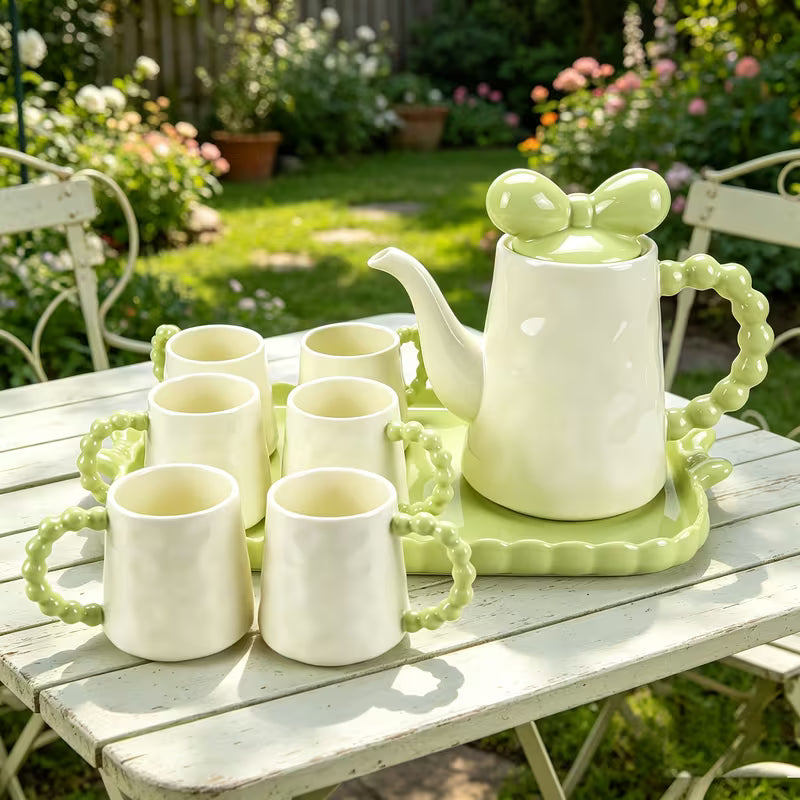8-Piece European Ceramic Tea Set with Teapot, 6 Cups & Serving Tray