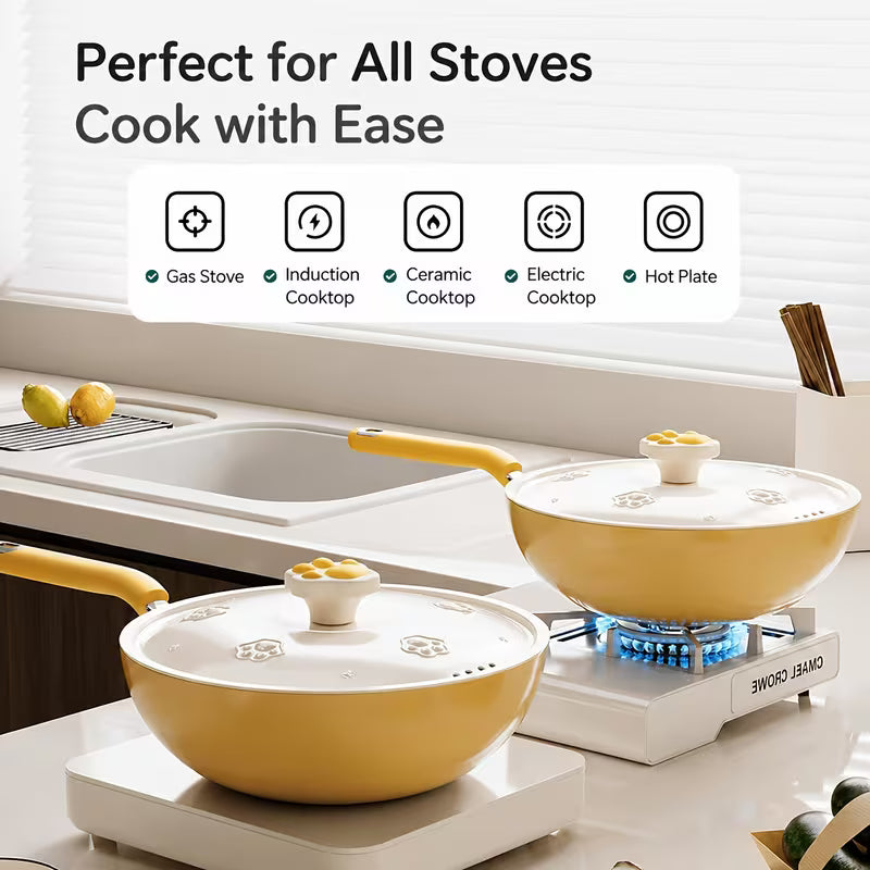 12.6-Inch Cat Paw Nonstick Wok with Lid – Deep Family Cooking Pan