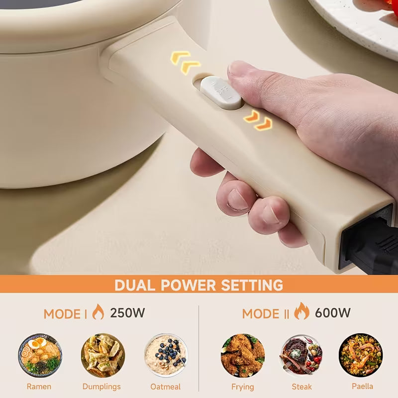 2L Non-Stick Electric Cooking Pot, Mini Multifunctional Cooker with Adjustable Power for Ramen, Eggs, Steak, Fried Rice, Oatmeal & Soup