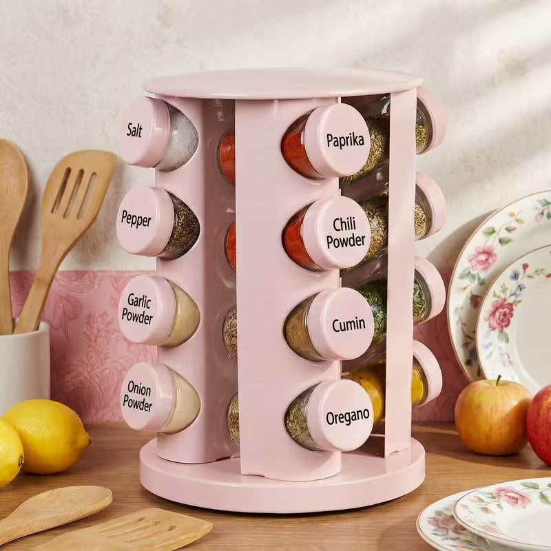 Pink 360° Rotating Spice Rack with 16 Glass Jars