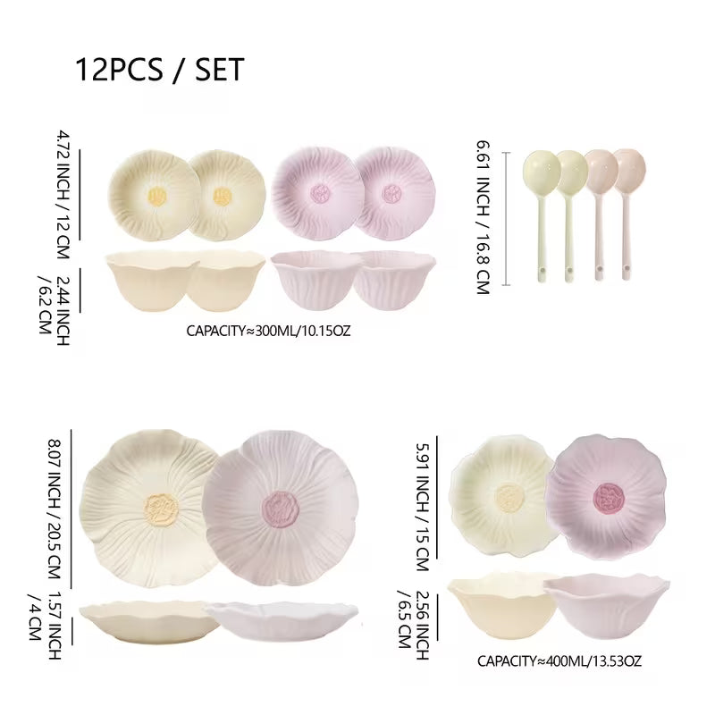 12-Piece Matte Flower-Shaped Ceramic Tableware Set