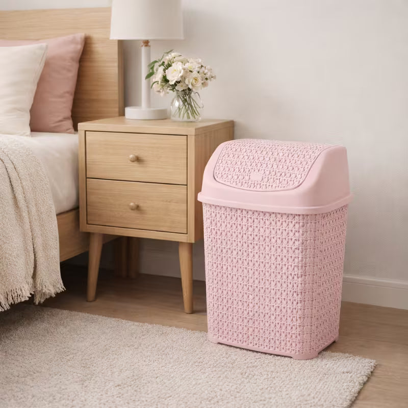 Modern Woven-Style Flip Lid Trash Can, Minimalist Plastic Waste Bin for Bathroom, Bedroom & Office