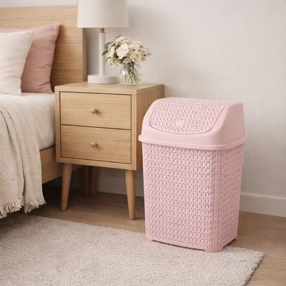Modern Woven-Style Flip Lid Trash Can, Minimalist Plastic Waste Bin for Bathroom, Bedroom & Office