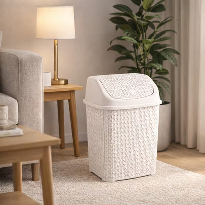 Modern Woven-Style Flip Lid Trash Can, Minimalist Plastic Waste Bin for Bathroom, Bedroom & Office