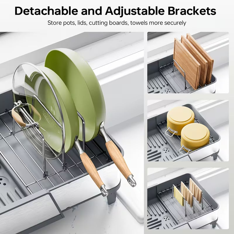 Adjustable Stainless Steel Dish Drying Rack with Utensil Holder & Pan Rack