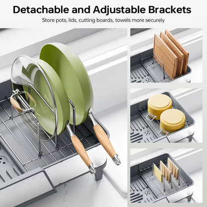 Adjustable Stainless Steel Dish Drying Rack with Utensil Holder & Pan Rack