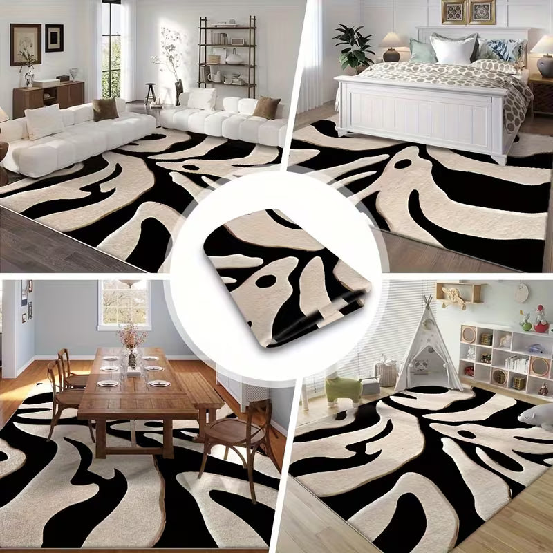 Black & White Geometric Area Rug – Modern Machine-Washable Soft Floor Mat