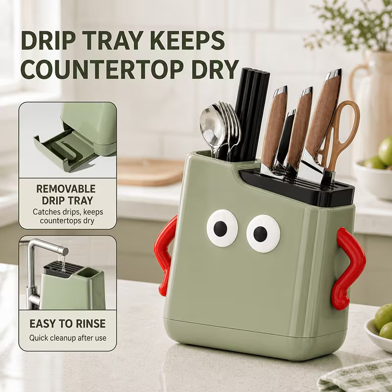 Multifunctional Kitchen Countertop Knife & Cutlery Storage Rack with Drainage Slots