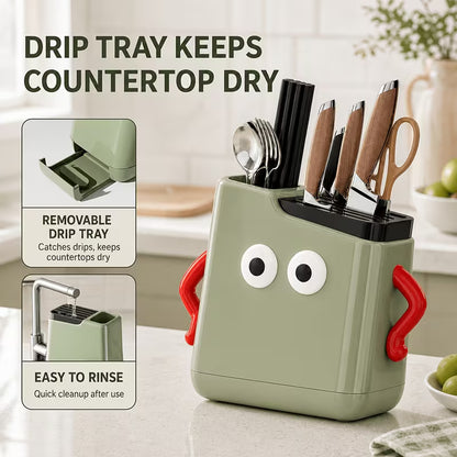 Multifunctional Kitchen Countertop Knife & Cutlery Storage Rack with Drainage Slots