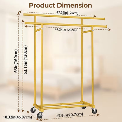Heavy-Duty Double Rod Clothing Rack with Lockable Wheels – Large Capacity Garment Organizer
