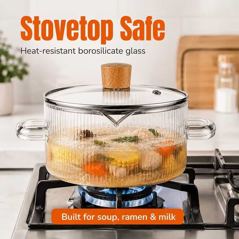 2-Piece Ribbed Borosilicate Glass Saucepan Set with Lids – Stovetop-Safe Cooking Pots