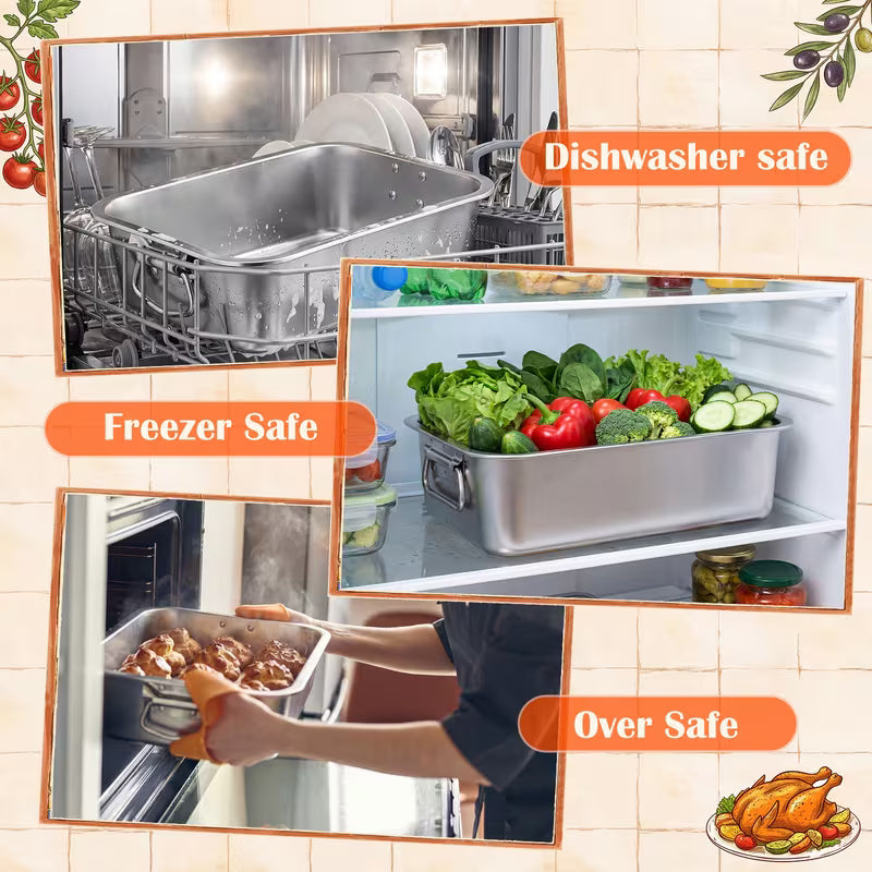 2-Piece Deep Stainless Steel Roasting Pan Set – Large Rectangular Oven Roaster with Handles