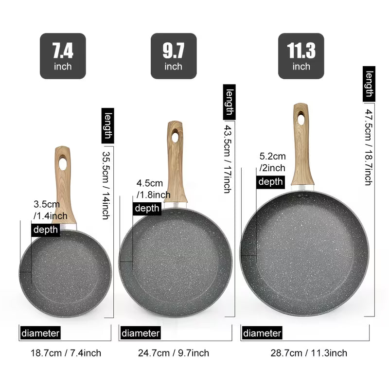 3-Piece Nonstick Frying Pan Set – 7, 9.5 & 11 Inch – Induction Compatible
