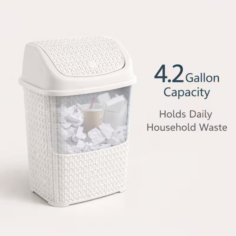 Modern Woven-Style Flip Lid Trash Can, Minimalist Plastic Waste Bin for Bathroom, Bedroom & Office