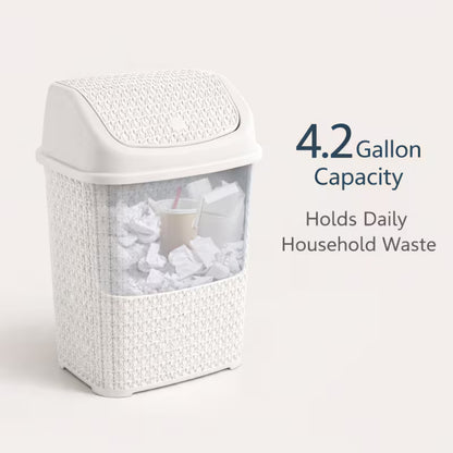 Modern Woven-Style Flip Lid Trash Can, Minimalist Plastic Waste Bin for Bathroom, Bedroom & Office
