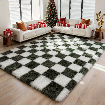8 × 10 FT Green & White Checkered Shaggy Area Rug