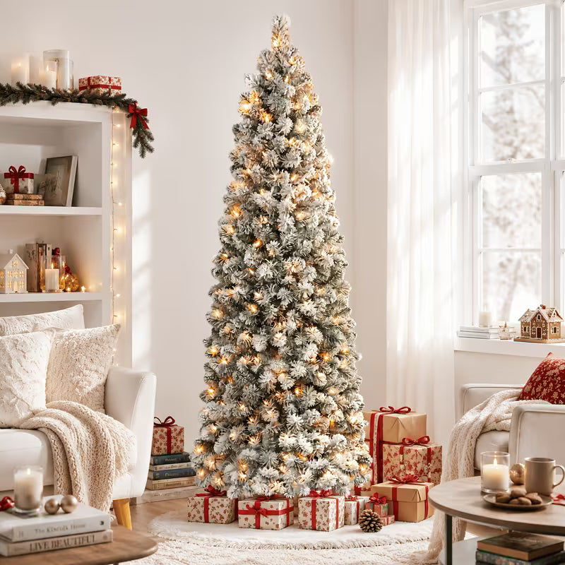 Snow-Flocked Artificial Pencil Christmas Tree with Warm White Lights