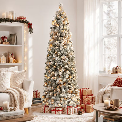 Snow-Flocked Artificial Pencil Christmas Tree with Warm White Lights
