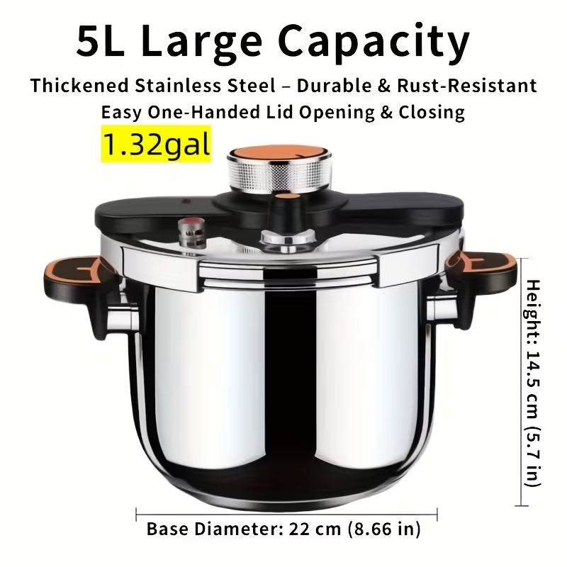 Stainless Steel Pressure Cooker & Stew Pot with Twist-Lock Lid, 5L/6L/8L, Induction & Gas Compatible