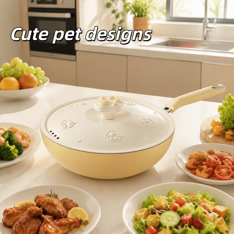 12.6-Inch Cat Paw Nonstick Wok with Lid – Deep Family Cooking Pan