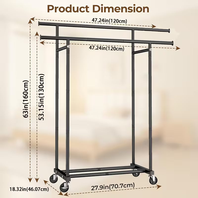 Heavy-Duty Double Rod Clothing Rack with Lockable Wheels – Large Capacity Garment Organizer