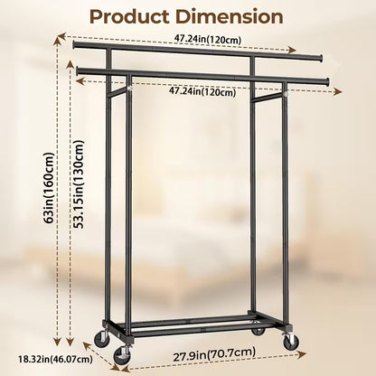 Heavy-Duty Double Rod Clothing Rack with Lockable Wheels – Large Capacity Garment Organizer