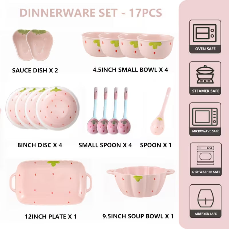 Pink Strawberry Ceramic Dinnerware Set