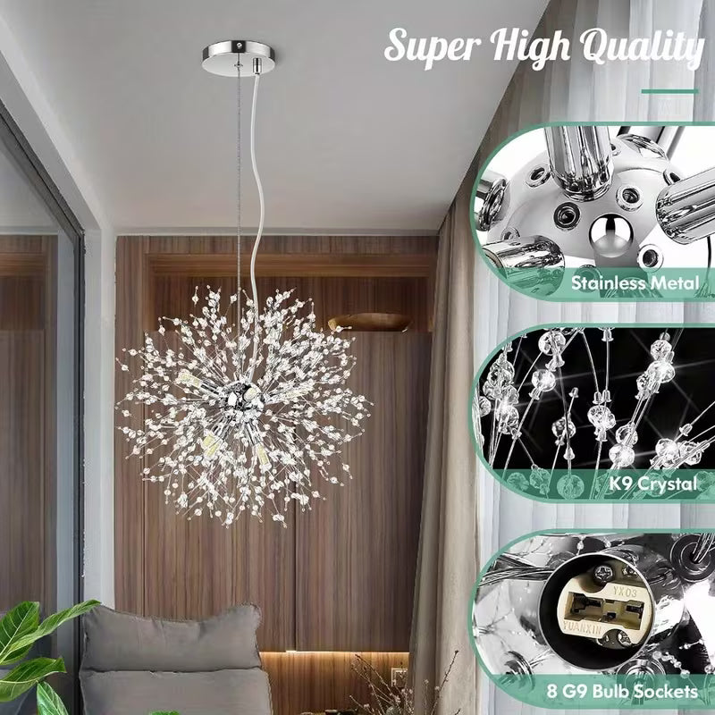 Modern Crystal Firework Chandelier – 8-Light Chrome Semi-Flush Mount Ceiling Light