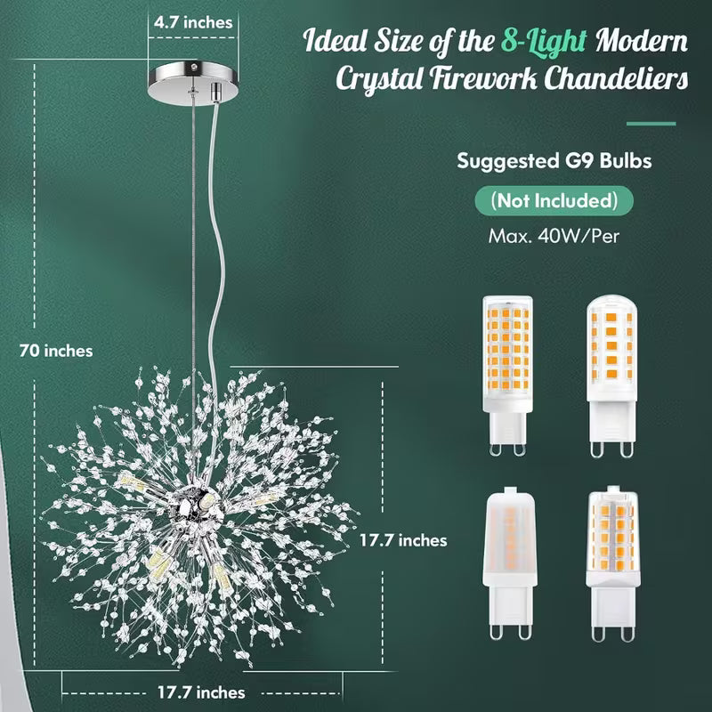 Modern Crystal Firework Chandelier – 8-Light Chrome Semi-Flush Mount Ceiling Light