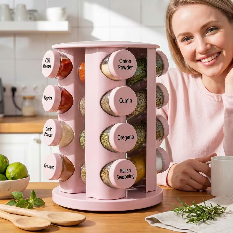 Pink 360° Rotating Spice Rack with 16 Glass Jars