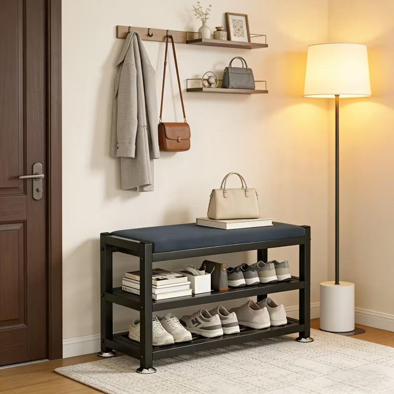 Modern Entryway Shoe Bench with Thick Cushioned Seat, Multi-Compartment Shoe Rack Organizer with Metal Frame for Bedroom, Hallway & Entryway