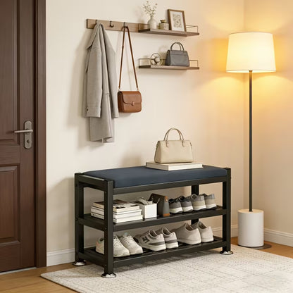 Modern Entryway Shoe Bench with Thick Cushioned Seat, Multi-Compartment Shoe Rack Organizer with Metal Frame for Bedroom, Hallway & Entryway