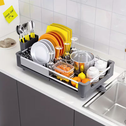 Expandable Foldable Dish Drying Rack with Cutlery Holder, Swivel Drain Spout & Adjustable Aluminum Frame