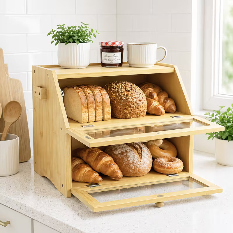 Large Bamboo Bread Box with Lid, Countertop Food Storage Organizer for Bread, Pastries & Baked Goods