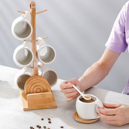 6-Piece Ceramic Coffee Cup Set with Wooden Coasters & Holder