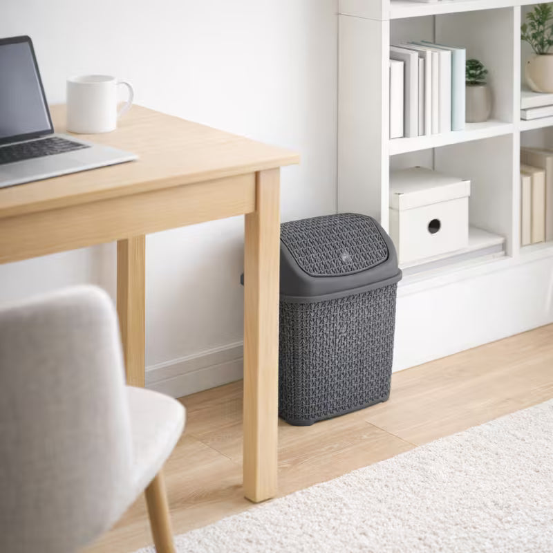 Modern Woven-Style Flip Lid Trash Can, Minimalist Plastic Waste Bin for Bathroom, Bedroom & Office