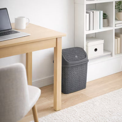Modern Woven-Style Flip Lid Trash Can, Minimalist Plastic Waste Bin for Bathroom, Bedroom & Office