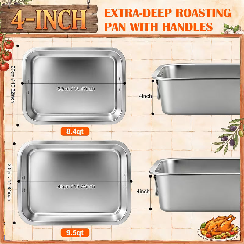 2-Piece Deep Stainless Steel Roasting Pan Set – Large Rectangular Oven Roaster with Handles