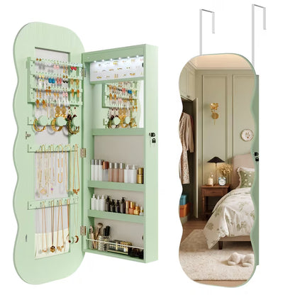 Wavy Mirror Jewelry Cabinet with 6 LED Lights, Interior Makeup Mirror & Lockable Storage