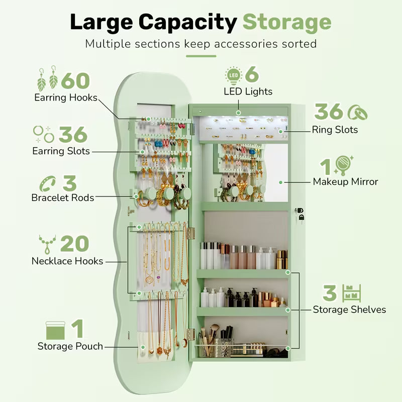 Wavy Mirror Jewelry Cabinet with 6 LED Lights, Interior Makeup Mirror & Lockable Storage