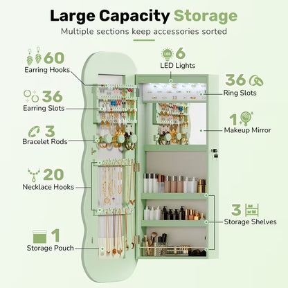 Wavy Mirror Jewelry Cabinet with 6 LED Lights, Interior Makeup Mirror & Lockable Storage