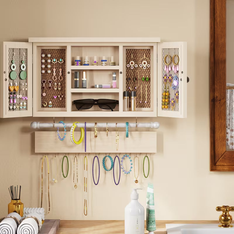 Wooden Wall-Mounted Jewelry Organizer with Removable Bracelet Rod, Metal Hooks & Storage Shelf